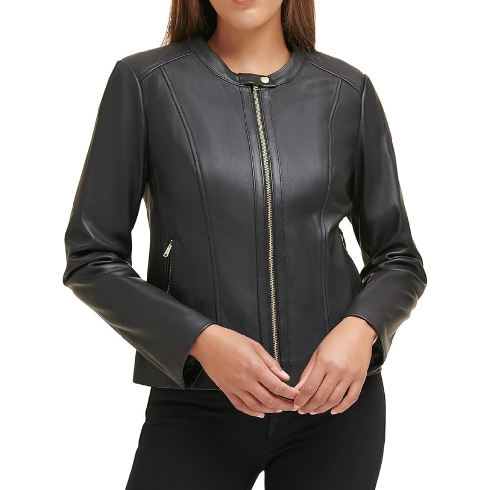 Cole Haan Black Faux Leather Jacket Sz Medium Lined New